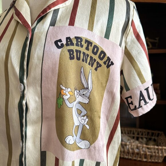 Striped Cartoon Bunny Shirt, Bugs Bunny Graphic, Retro Unisex Button Down - Picture 4 of 10